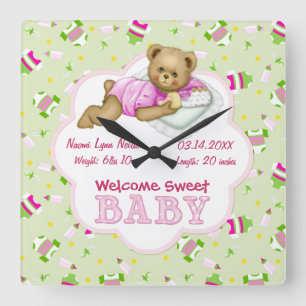 Baby Girl Teddy Bear Square Wall Clock