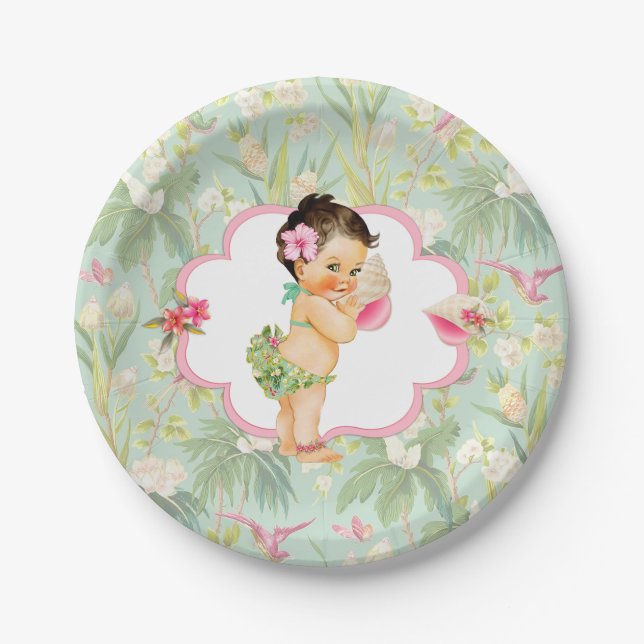 Baby Girl Tropical Hawaiian Luau Hibiscus Paper Plate (Front)