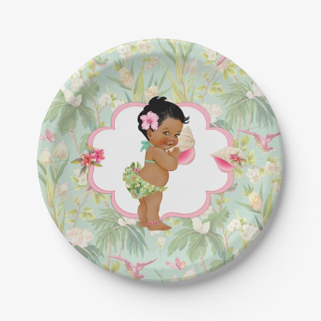 Baby Girl Tropical Hawaiian Luau Hibiscus Paper Plate (Front)