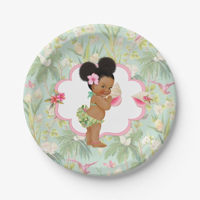 Baby Girl Tropical Hawaiian Luau Hibiscus Puffs Paper Plate (Front)