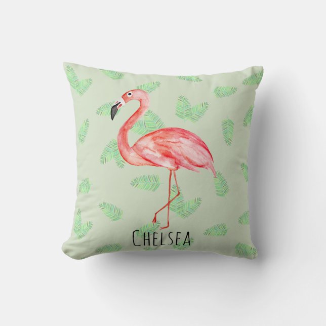 Baby Girl Tropical Pink Flamingo Name Nursery Cushion (Front)