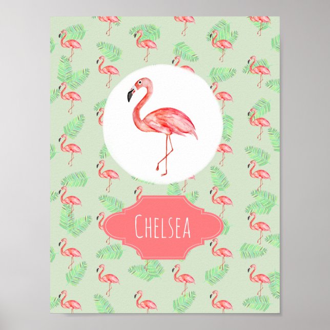 Baby Girl Tropical Pink Flamingo Name Nursery Poster (Front)