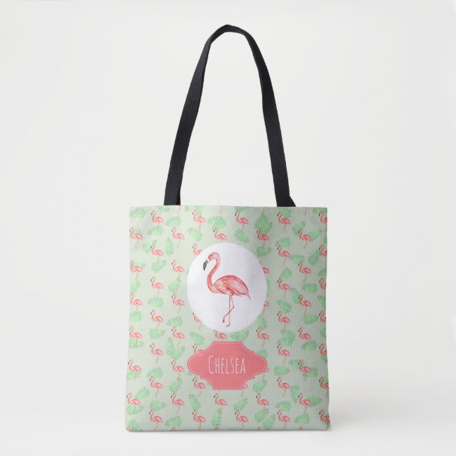 Baby Girl Tropical Watercolor Flamingo Name Diaper Tote Bag (Front)