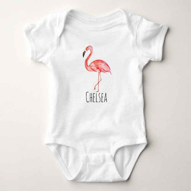 Baby Girl Tropical Watercolor Pink Flamingo Name Bodysuit (Front)