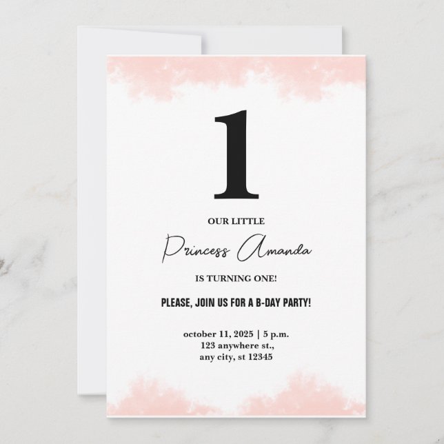 Baby Girl Turning One Simple Elegant 1st Birthday Invitation (Front)
