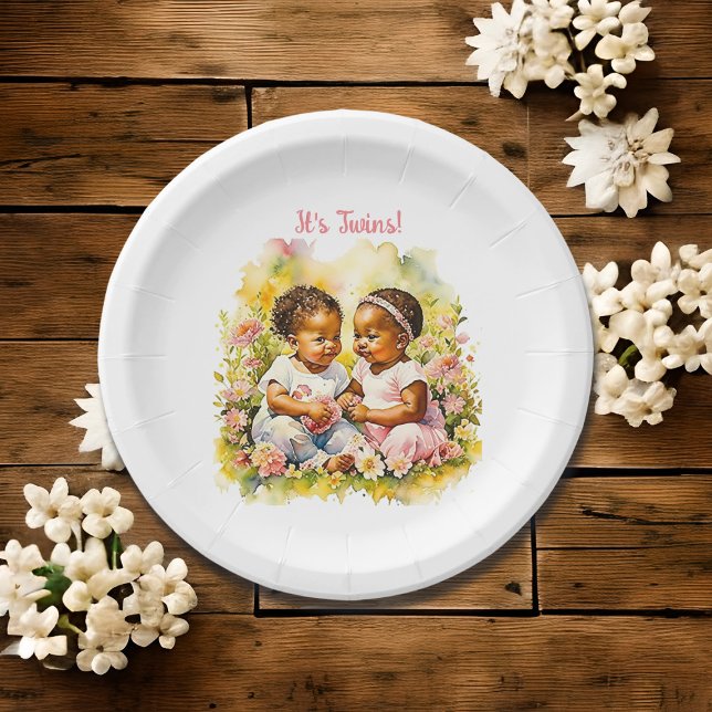 Baby Girl Twins of Colour Baby Shower Paper Plate (Creator Uploaded)