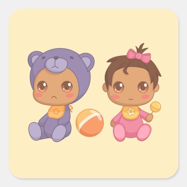 Baby Girl Twins Purple Bear Jumpsuit on Yellow Squ Square Sticker (Front)