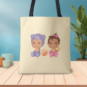 Baby Girl Twins Purple Bear Jumpsuit on Yellow Tot Tote Bag
