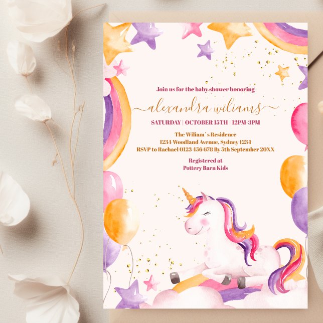 Baby Girl Unicorn Gold Glitter Baby Shower Invitation (Creator Uploaded)