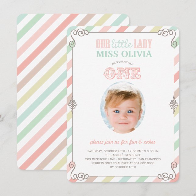 Baby Girl Vintage 1st Birthday Party Photo Invite (Front/Back)