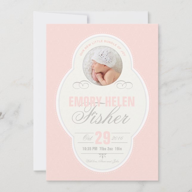 Baby Girl Vintage Frame Birth Announcement - Pink (Front)