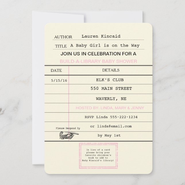 Baby Girl Vintage Library Card Book Shower (Front)