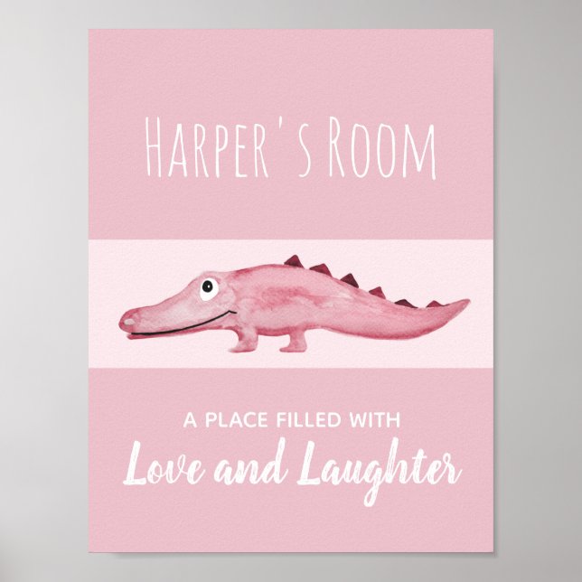 Baby Girl Watercolor Crocodile Jungle Nursery Art Poster (Front)