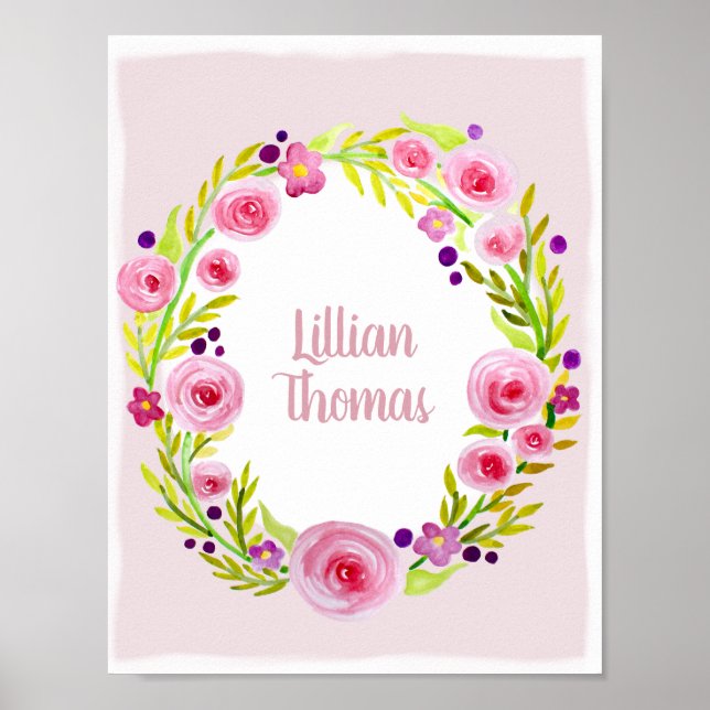 Baby Girl Watercolor Flower Wreath & Name Nursery Poster (Front)