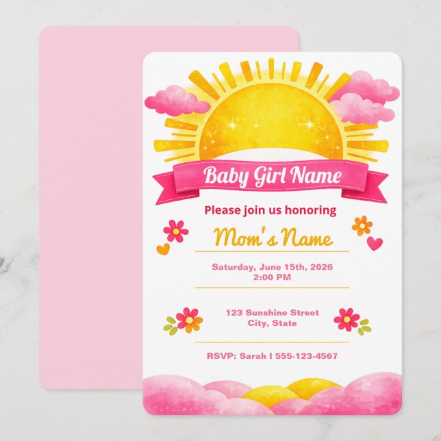 Baby Girl Watercolor Sunshine Shower Invitation (Front/Back)