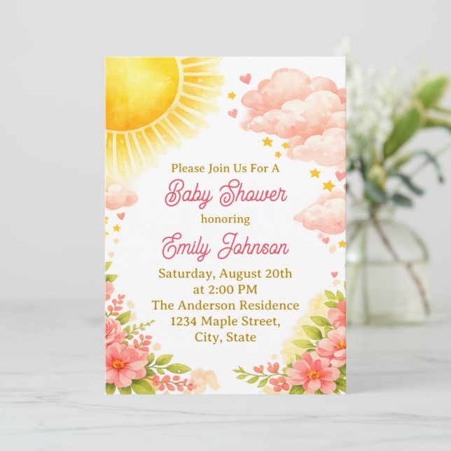 Baby Girl Watercolor Sunshine Shower Invitation (Standing Front)