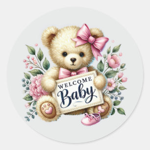 Baby girl welcome bear  classic round sticker