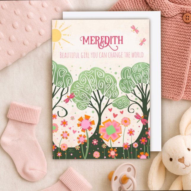 Baby Girl Whimsical Tree Custom Name Pink Card (Creator Uploaded)