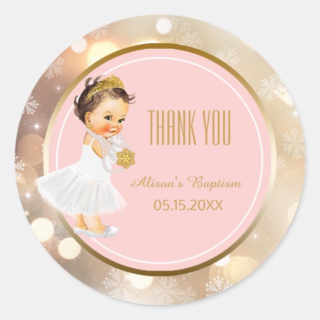 Baby Girl Winter Baptism Favour | Pink Gold Bokeh Classic Round Sticker (Front)