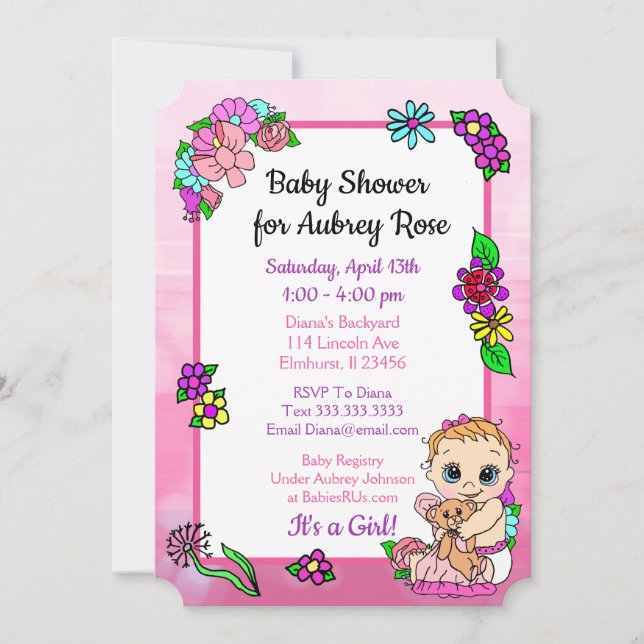 Baby Girl with Teddy Bear Pink Baby Shower Floral Invitation (Front)