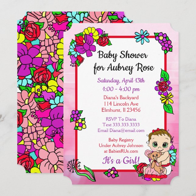 Baby Girl with Teddy Bear Pink Baby Shower Invitation (Front/Back)