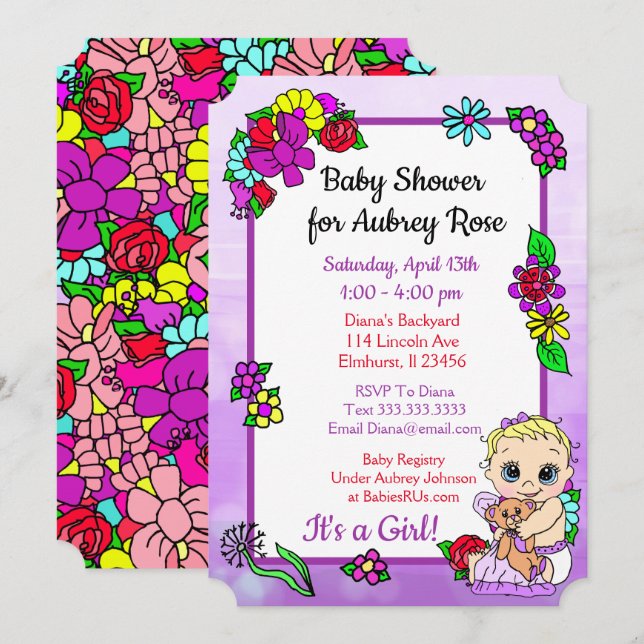 Baby Girl with Teddy Bear Purple Baby Shower Folk Invitation (Front/Back)