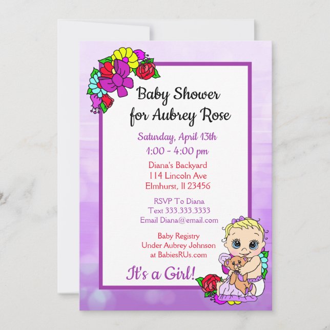 Baby Girl with Teddy Bear Purple Baby Shower Invitation (Front)