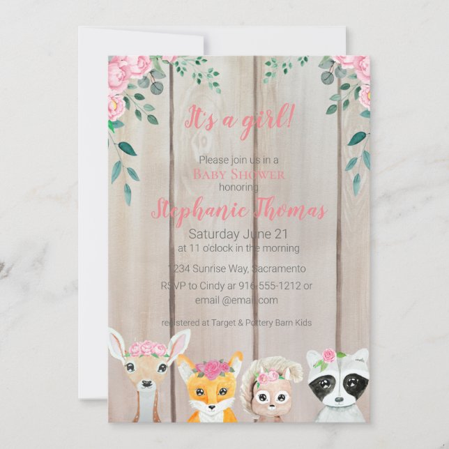 Baby Girl Woodland Animals Shower Invitation (Front)