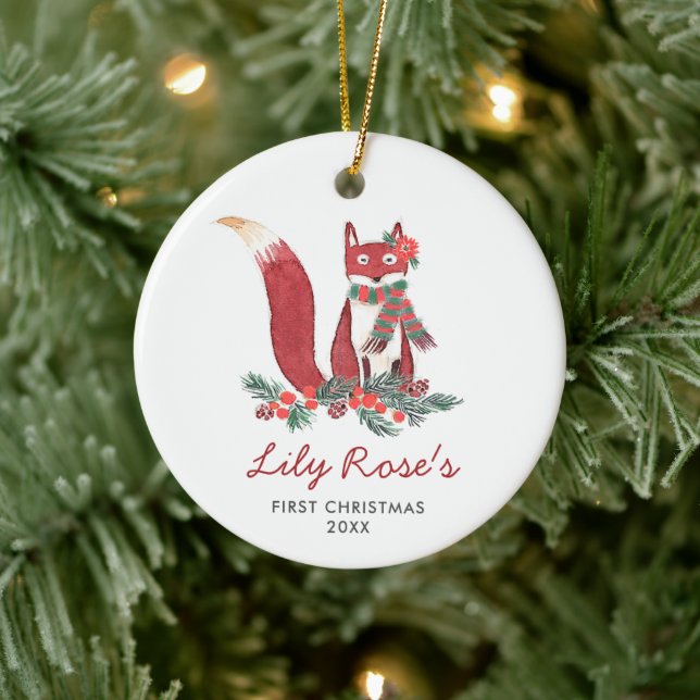 Baby Girl Woodland Fox Personalised 1st Christmas Ceramic Tree Decoration (Tree)
