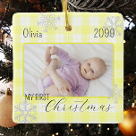 Baby girl yellow plaid snowflake first Christmas Ceramic Ornament<br><div class="desc">A square Christmas ornament decorated with a yellow plaid and snowflakes. Personalise it with a photo,  the name and the year to make a perfect gift for new parents or a beautiful keepsake for any family.</div>
