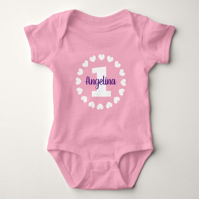 Baby girl's 1st Birthday custom name pink bodysuit (Front)