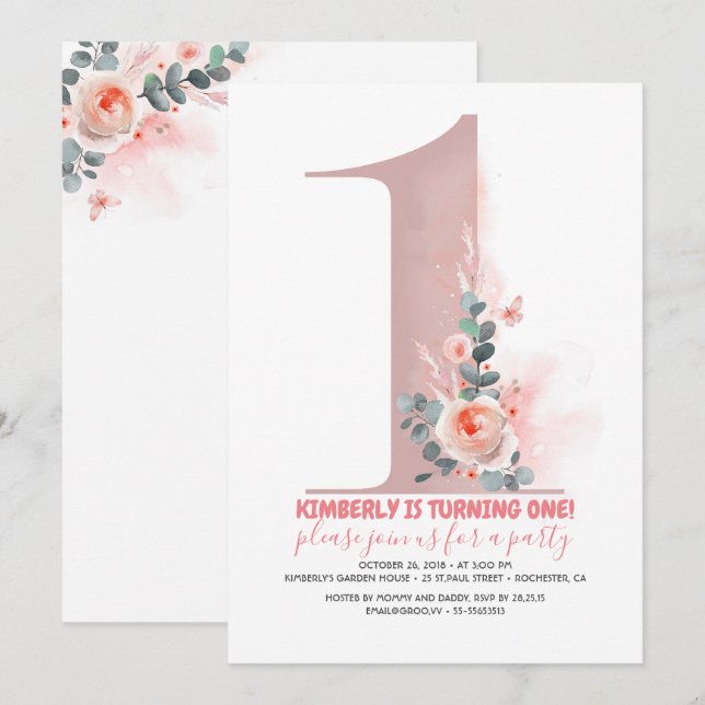 Baby Girls 1st Birthday Invitation (Front/Back)