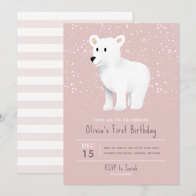 Baby Girls 1st Birthday Pink Holiday Polar Bear Invitation (Front/Back)