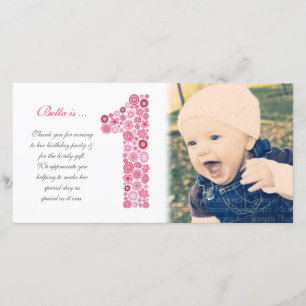 Baby Girls 1st Birthday Thank You Photo Card