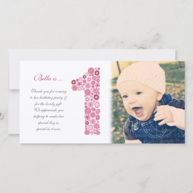 Baby Girls 1st Birthday Thank You Photo Card (Front)