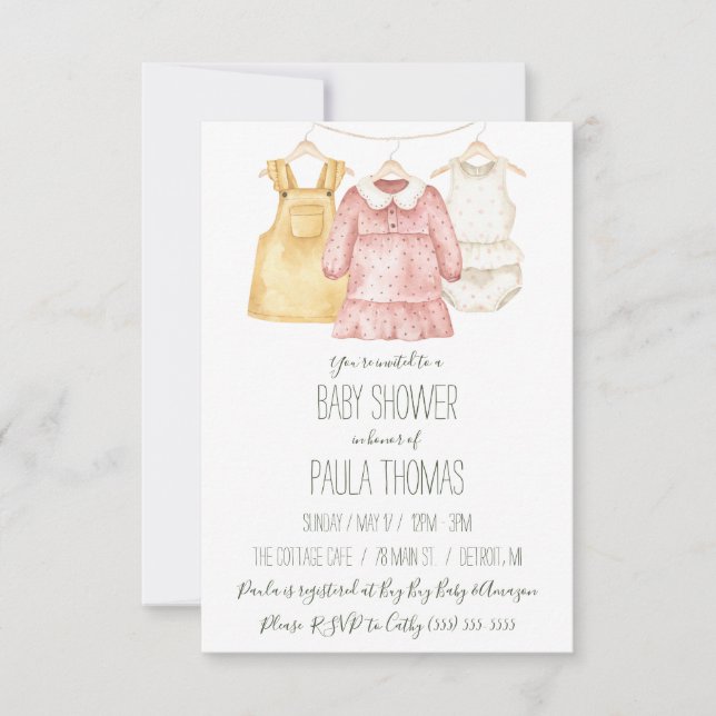 Baby Girl's Clothes Clothesline Baby Shower  Invitation (Front)