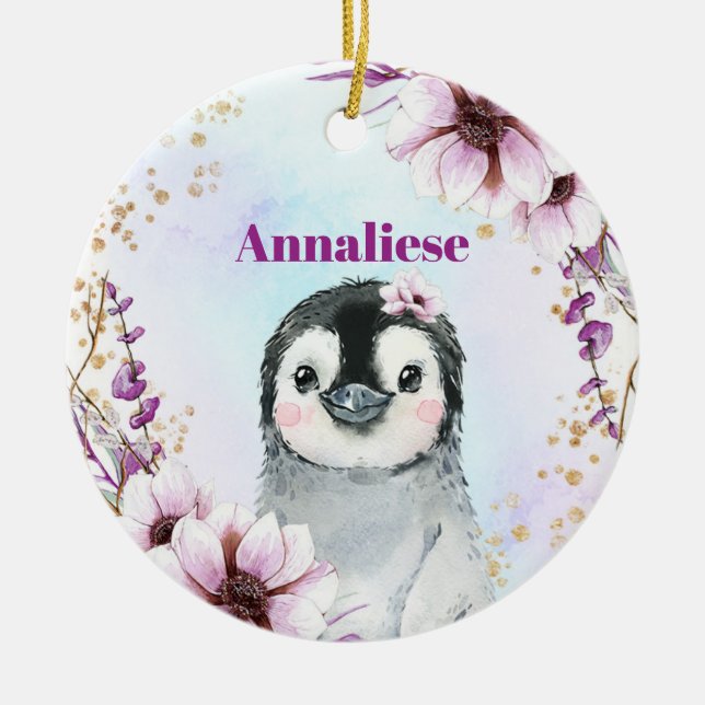 Baby Girls Cute Penguin Pink & Gold 1st Xmas Ceramic Tree Decoration (Front)