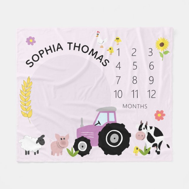 Baby Girls Cute Pink Farm Animal Tractor Milestone Fleece Blanket (Front (Horizontal))