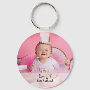Baby girl's first birthday photo and name key ring