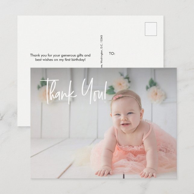 Baby girl's first birthday Thank You Photo Postcard (Front/Back)