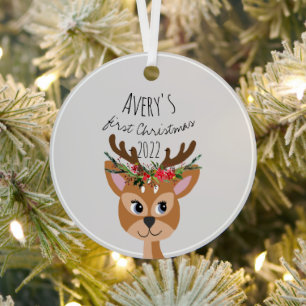 Baby Girls First Christmas Festive Reindeer & Name Metal Tree Decoration