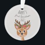 Baby Girls First Christmas Festive Reindeer & Name Ornament<br><div class="desc">This cute and festive baby girls 1st Christmas ornament design features an adorable reindeer,  a Christmas flower wreath with poinsettias,  pinecones and mistletoe,  as well as space for you to add a photo and a name in cute typography. The perfect floral xmas keepsake for your baby's first Christmas!</div>