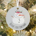 Baby Girls First Christmas Flower Snowman and Name Metal Tree Decoration<br><div class="desc">This adorable Christmas metal ornament design features a unique and cute watercolor-style snowman wearing a Christmassy garland,  as well as space for you to personalise the item using your baby girl's name,  and add a photo. The perfect keepsake for your little one's first Christmas,  or for a snowman-loving kid!</div>