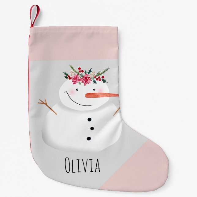 Baby Girls First Christmas Flower Snowman and Name Small Christmas Stocking (Front)