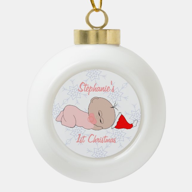 Baby Girls First Christmas Just Add Text Ceramic Ball Christmas Ornament (Front)