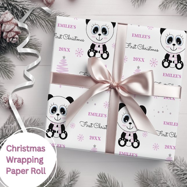 Baby Girls First Christmas Panda Bear Pink Wrapping Paper (Creator Uploaded)