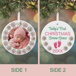 Baby Girls First Christmas Photo Pink Snowflakes  Ceramic Tree Decoration