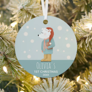Baby Girls First Christmas Photo Polar Bear & Snow Metal Tree Decoration