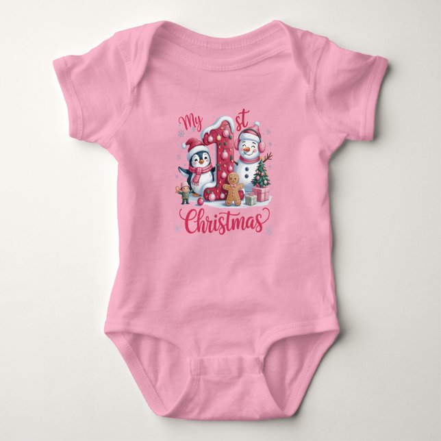 Baby Girl's First Christmas Pink Baby Bodysuit (Front)