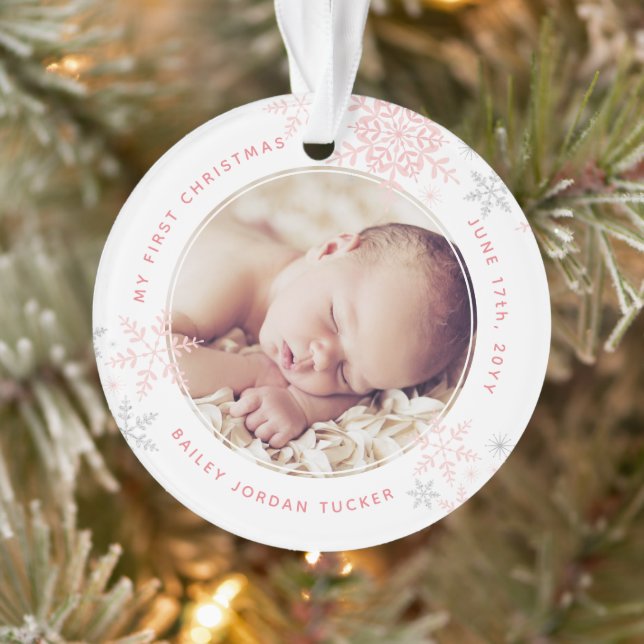 Baby Girl's First Christmas Pink Snowflakes Photo Ornament (Tree)